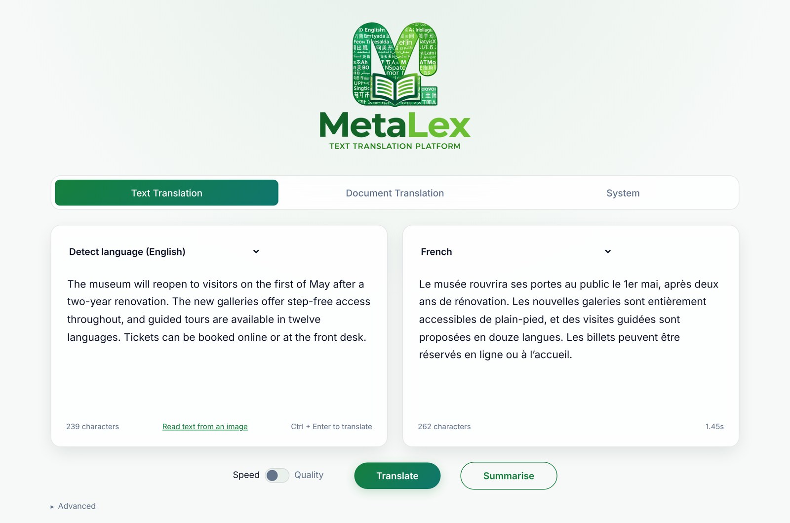 The MetaLex Text Translation view, translating a short English notice into French with the source language detected automatically