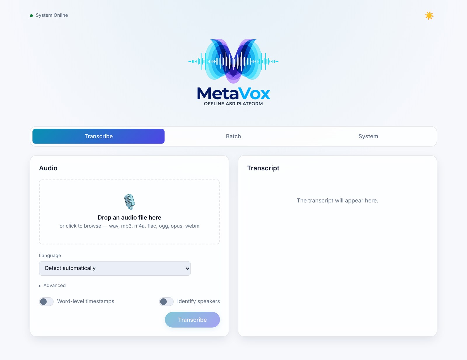 The MetaVox interface, with Transcribe, Batch and System tabs, an audio drop zone and automatic language detection